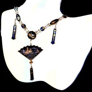 Vintage Japanese damascene necklace fan pagoda temple 24k gold over blac…